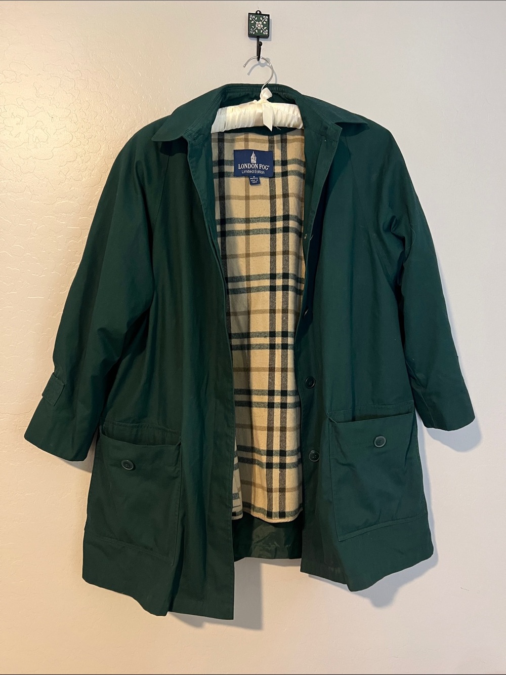 London Fog Limited Edition Dark Green Trench Coat with Plaid Lining